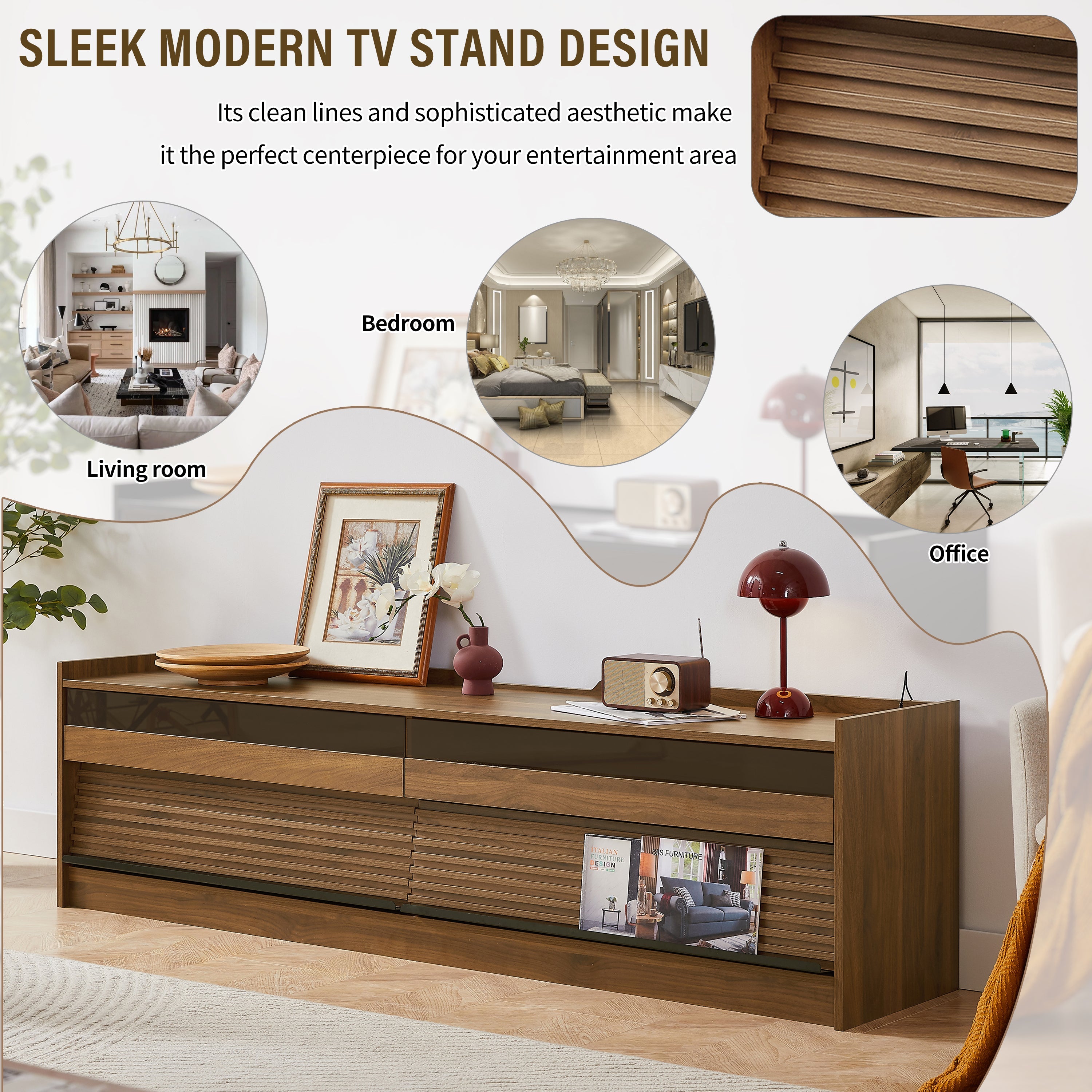 Mirod Modern TV Stand with Ample Storage,4 Drawer Design with Tempered Glass ,Built-in Charging Ports and Ambient LED Lighting ,Versatile for Any Decor Style