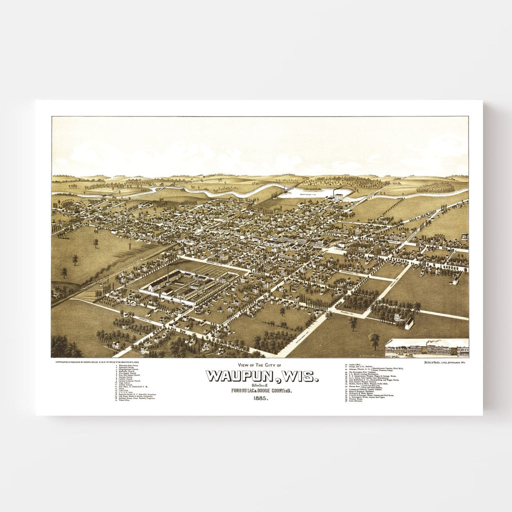 Vintage Map of Waupun, Wisconsin 1885