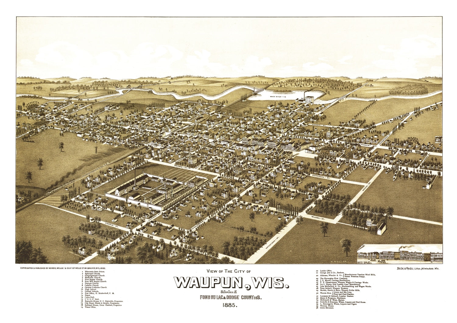 Vintage Map of Waupun, Wisconsin 1885