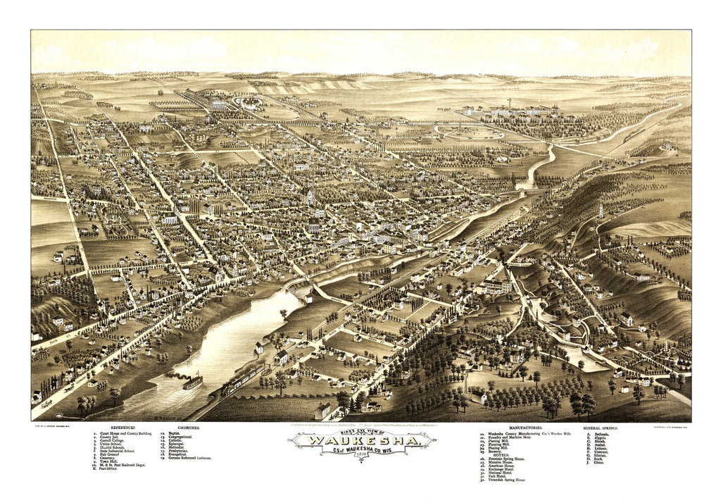 Vintage Map of Waukesha, Wisconsin 1880