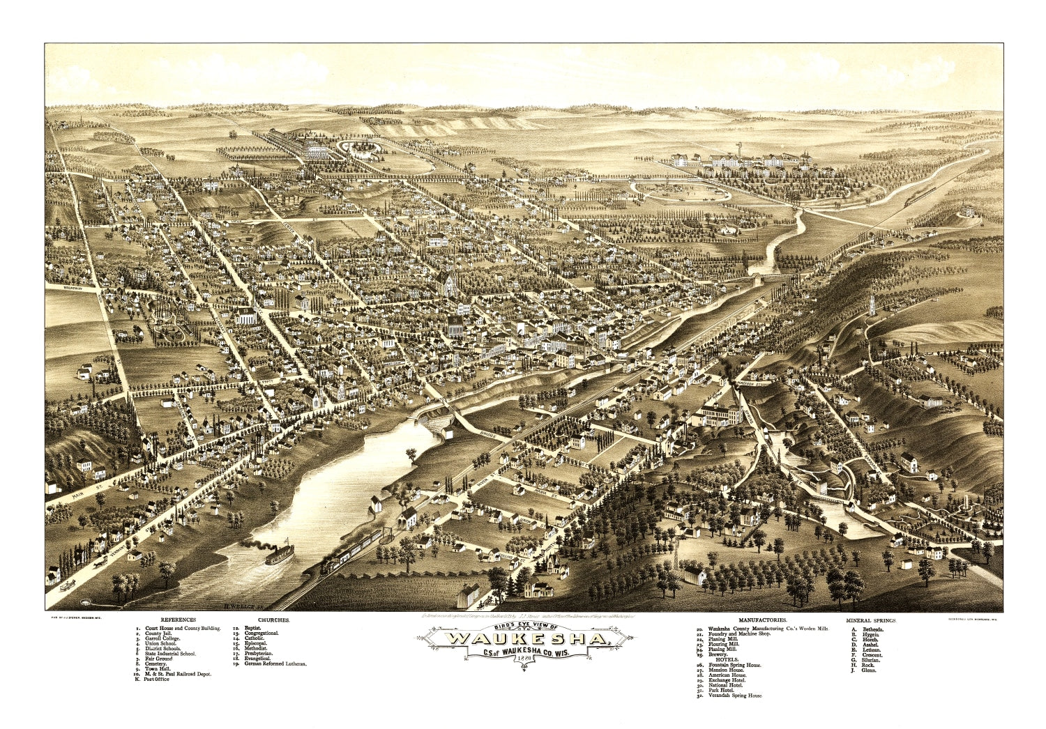 Vintage Map of Waukesha, Wisconsin 1880