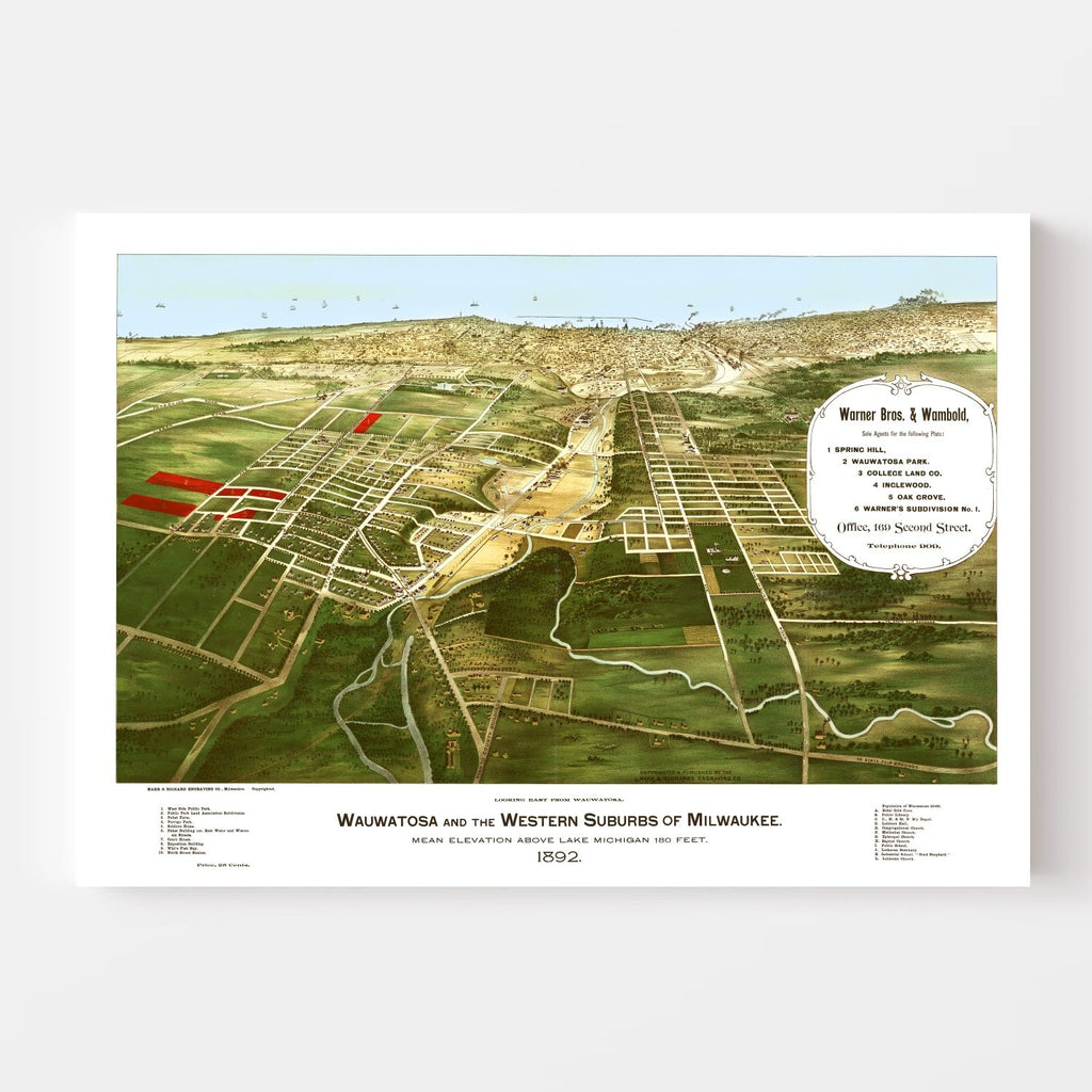 Vintage Map of Wauwatosa, Wisconsin 1892