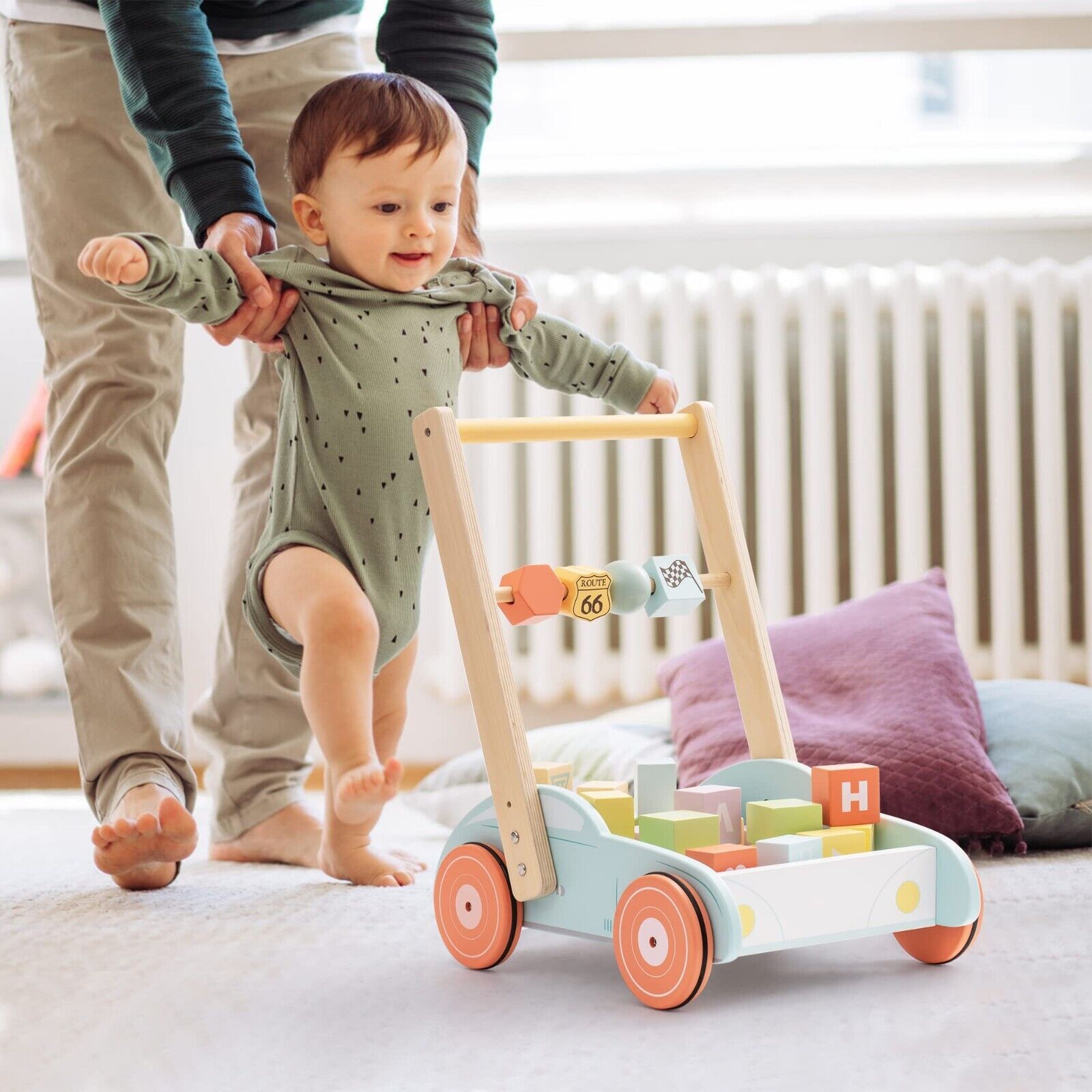 Wooden Baby Walker Push Toy – Educational Activity Cart with ABC Blocks