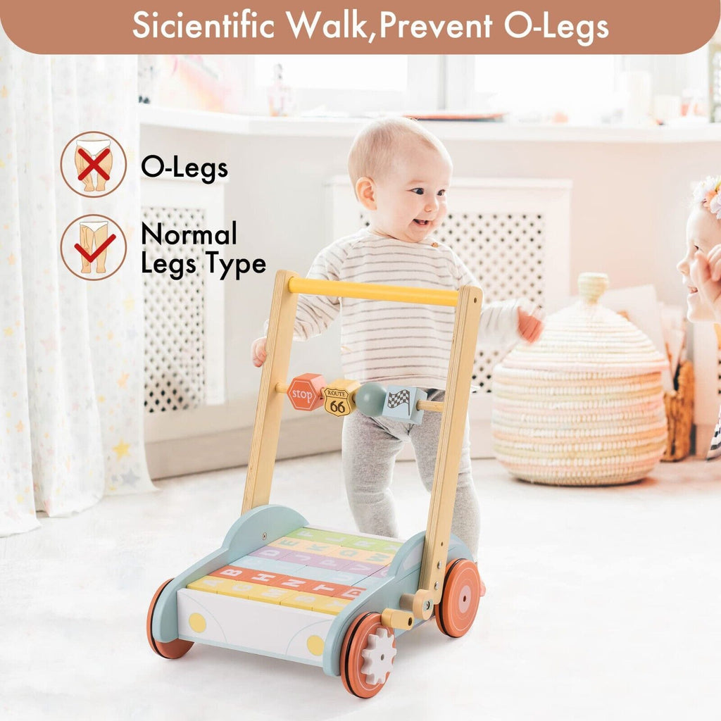 Wooden Baby Walker Push Toy – Educational Activity Cart with ABC Blocks