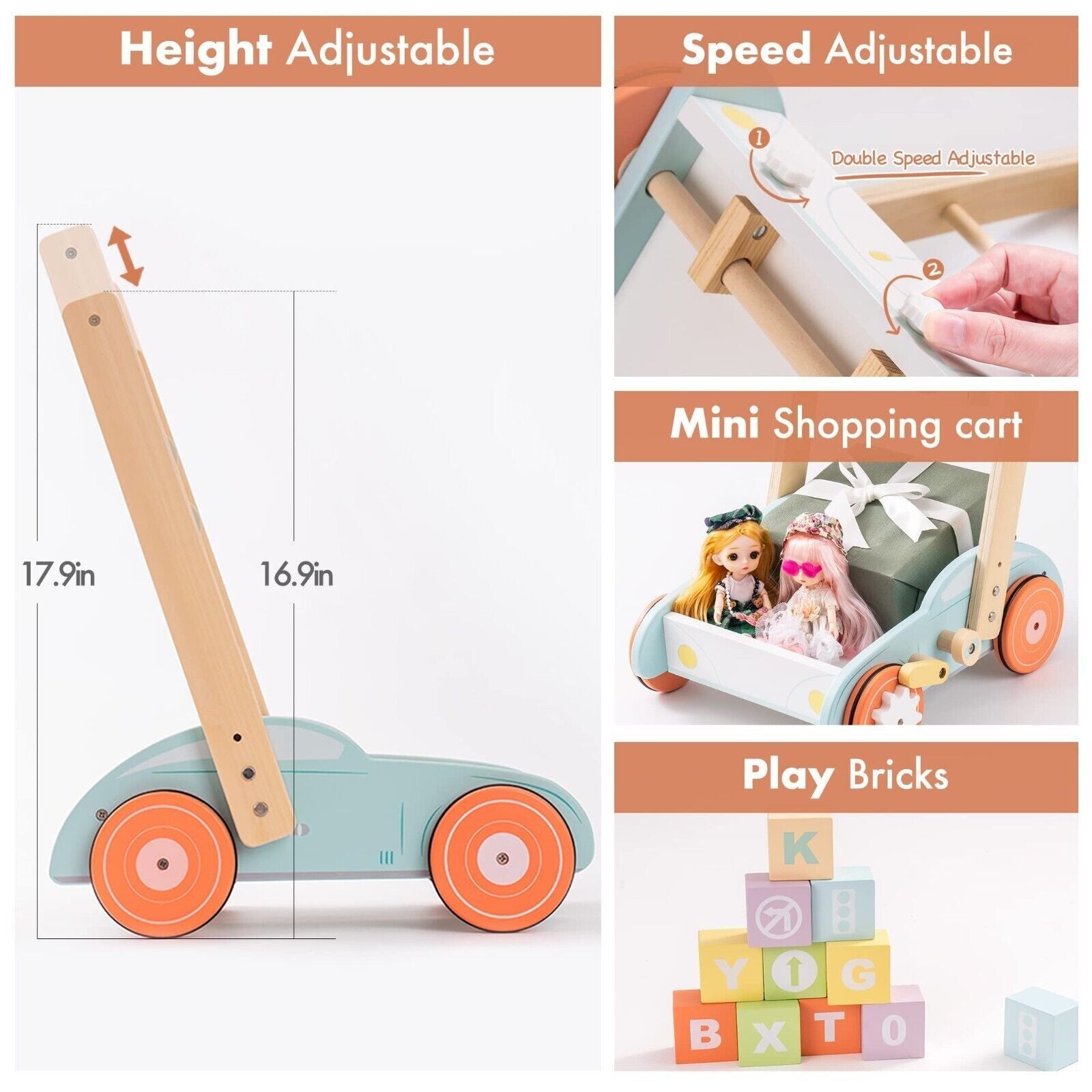 Wooden Baby Walker Push Toy – Educational Activity Cart with ABC Blocks
