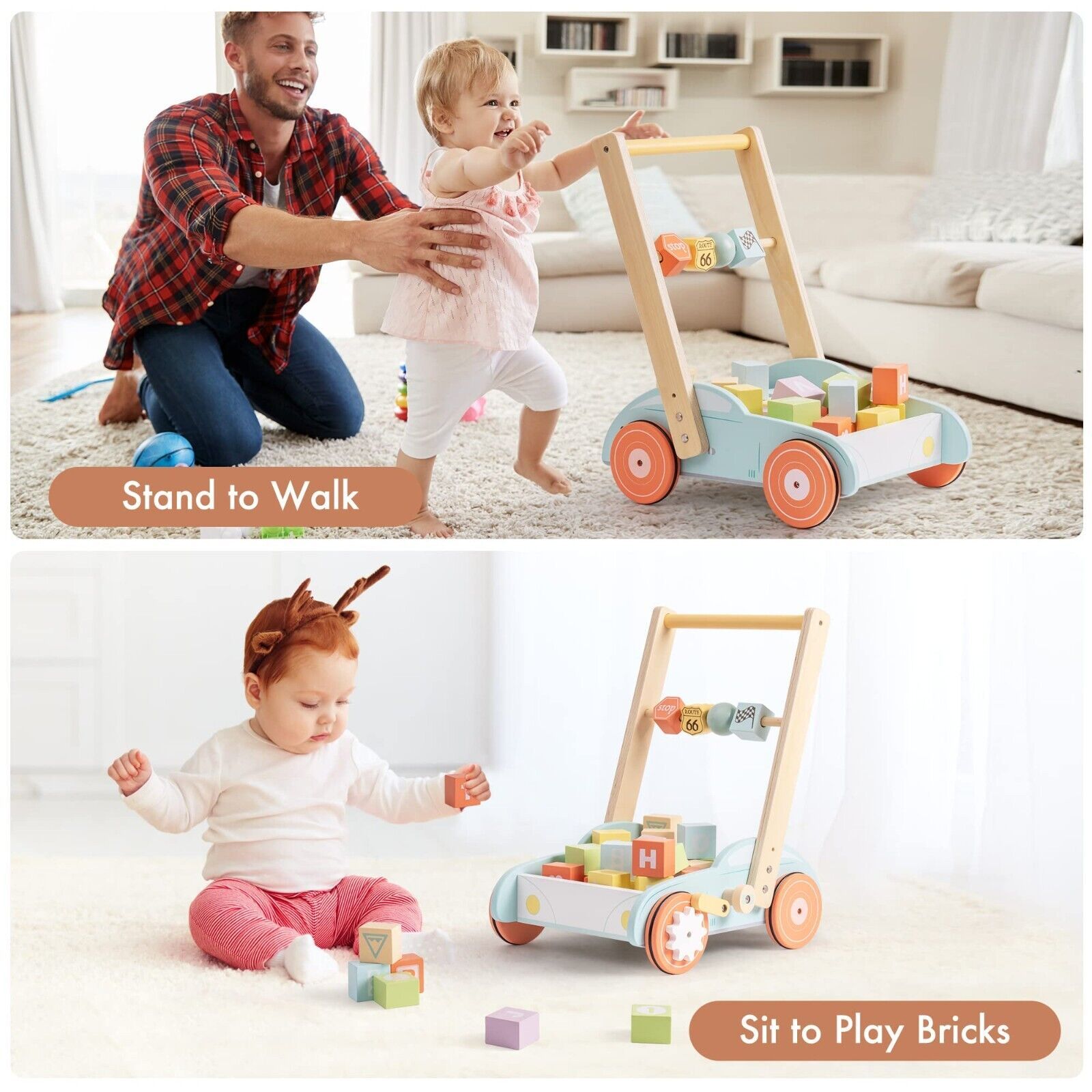 Wooden Baby Walker Push Toy – Educational Activity Cart with ABC Blocks