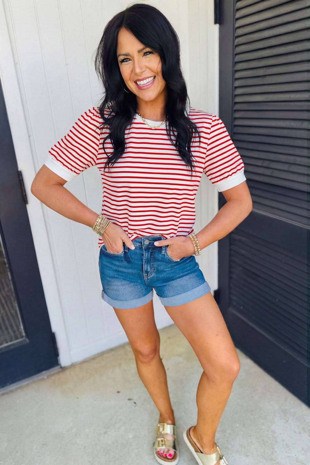 Stripe Contrast Trim Round Neck Puff Sleeve T-Shirt
