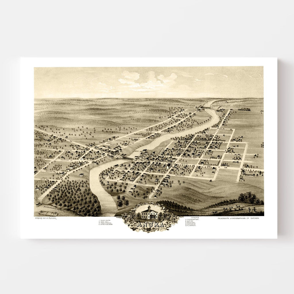 Vintage Map of Anoka, Minnesota 1869