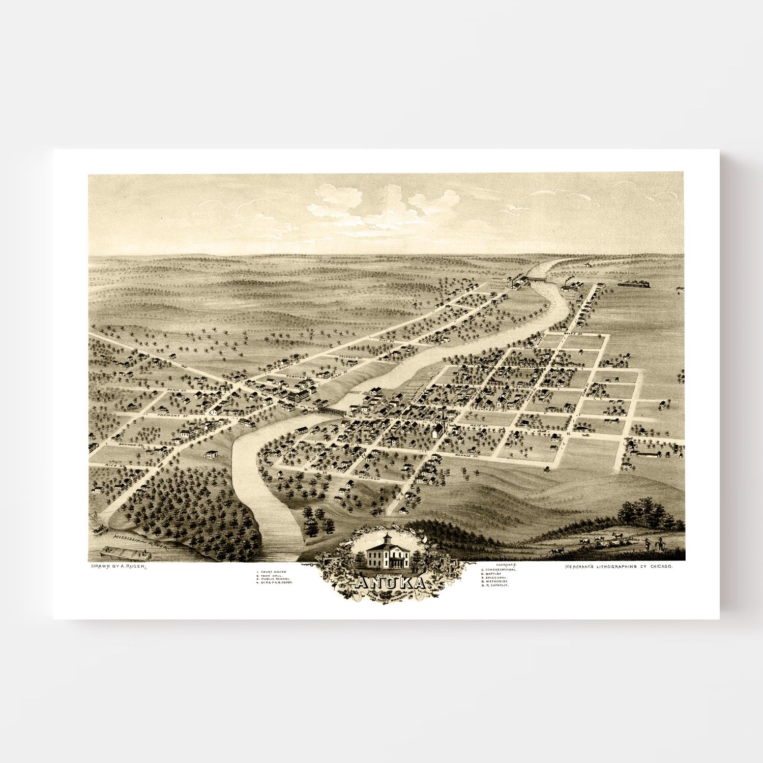 Vintage Map of Anoka, Minnesota 1869