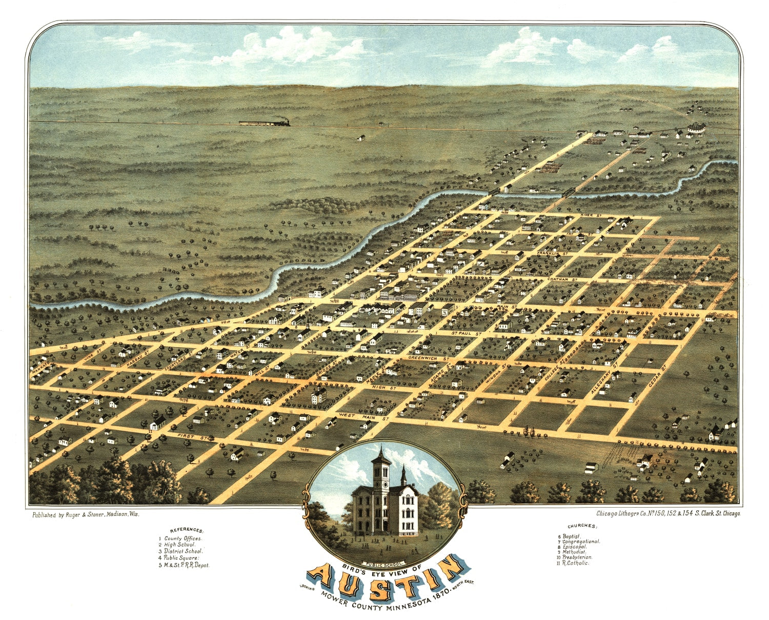 Vintage Map of Austin, Minnesota 1870