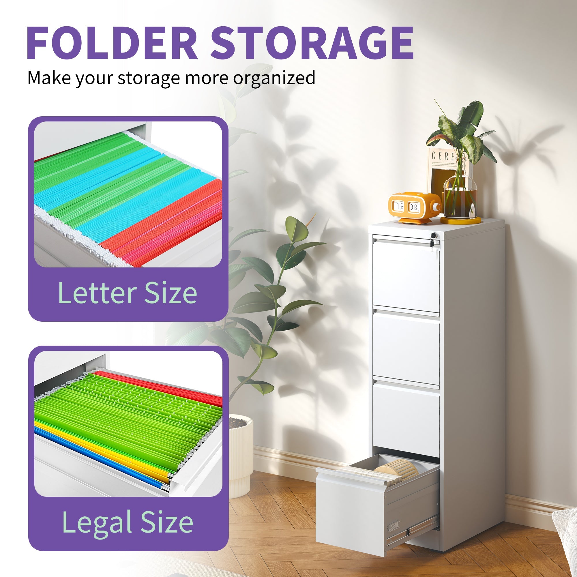 SteelCraft Pro 4 Drawer Vertical File Cabinet with Lock for A4 Legal/Letter Size, White Metal