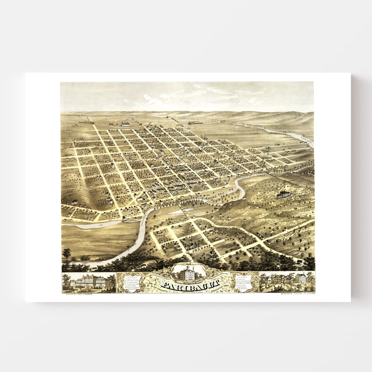 Vintage Map of Faribault, Minnesota 1869