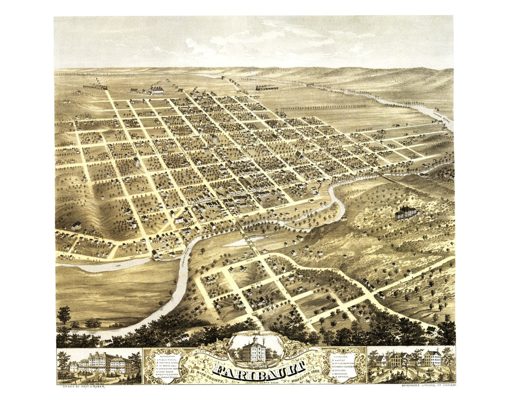 Vintage Map of Faribault, Minnesota 1869