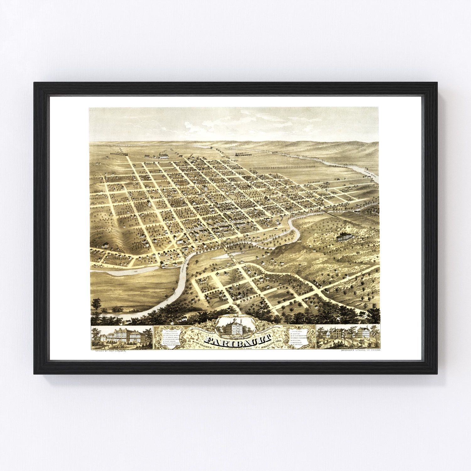 Vintage Map of Faribault, Minnesota 1869