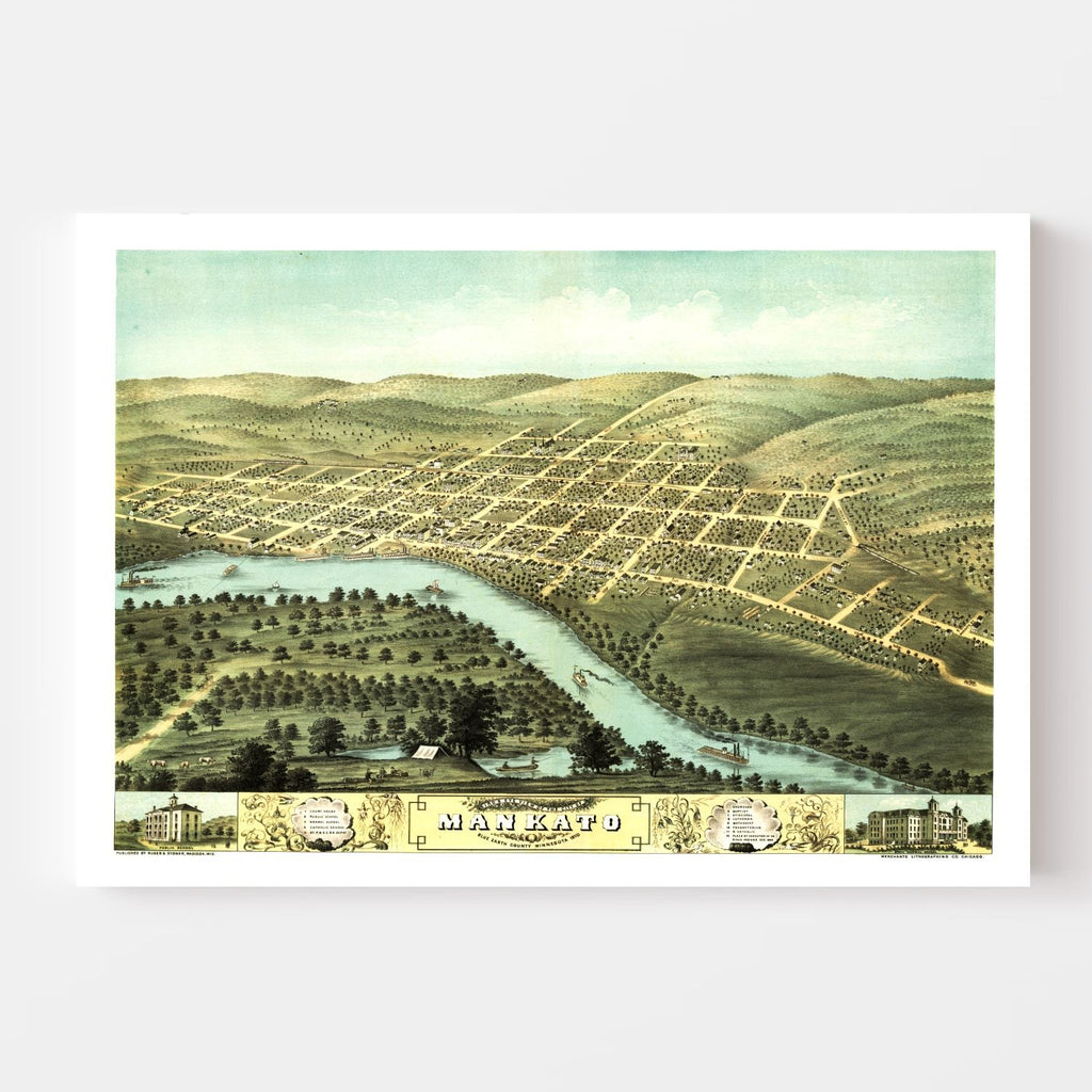 Vintage Map of Mankato, Minnesota 1870
