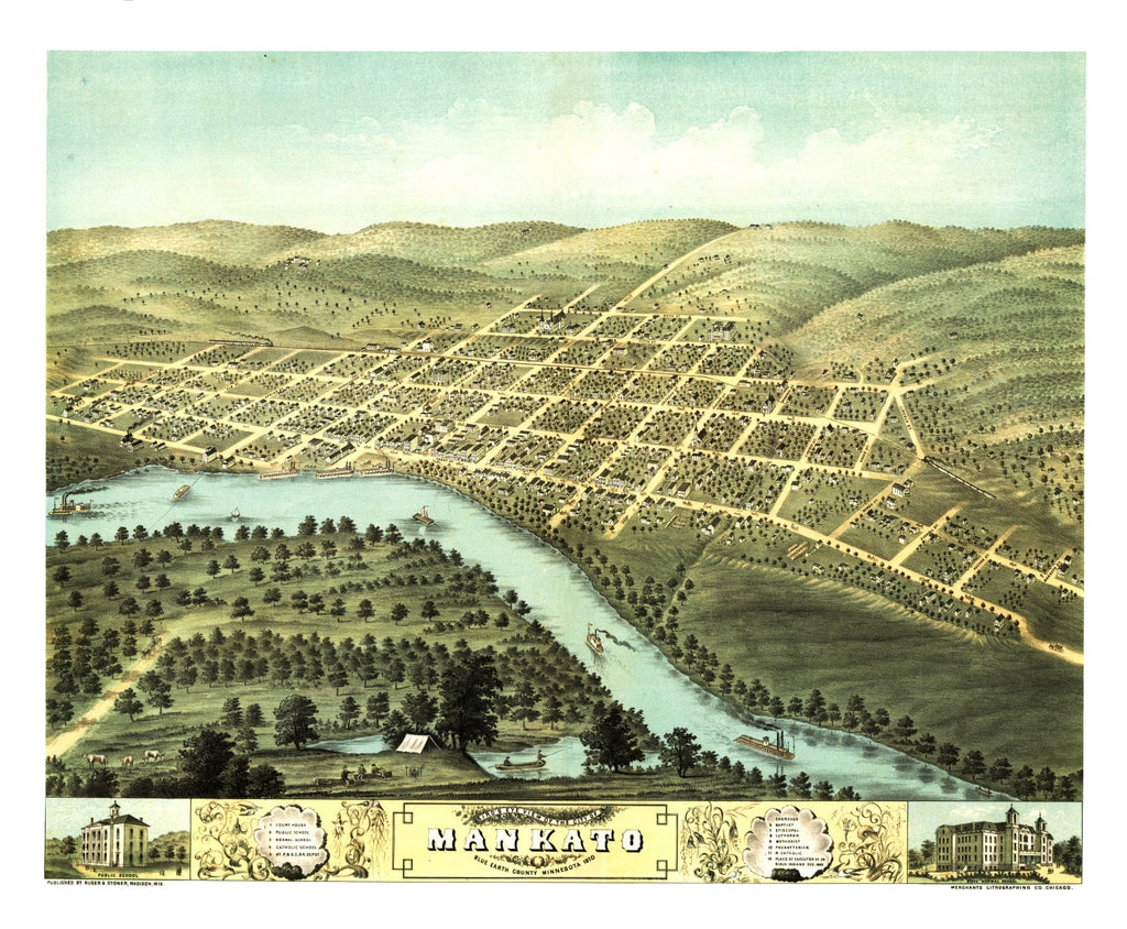 Vintage Map of Mankato, Minnesota 1870