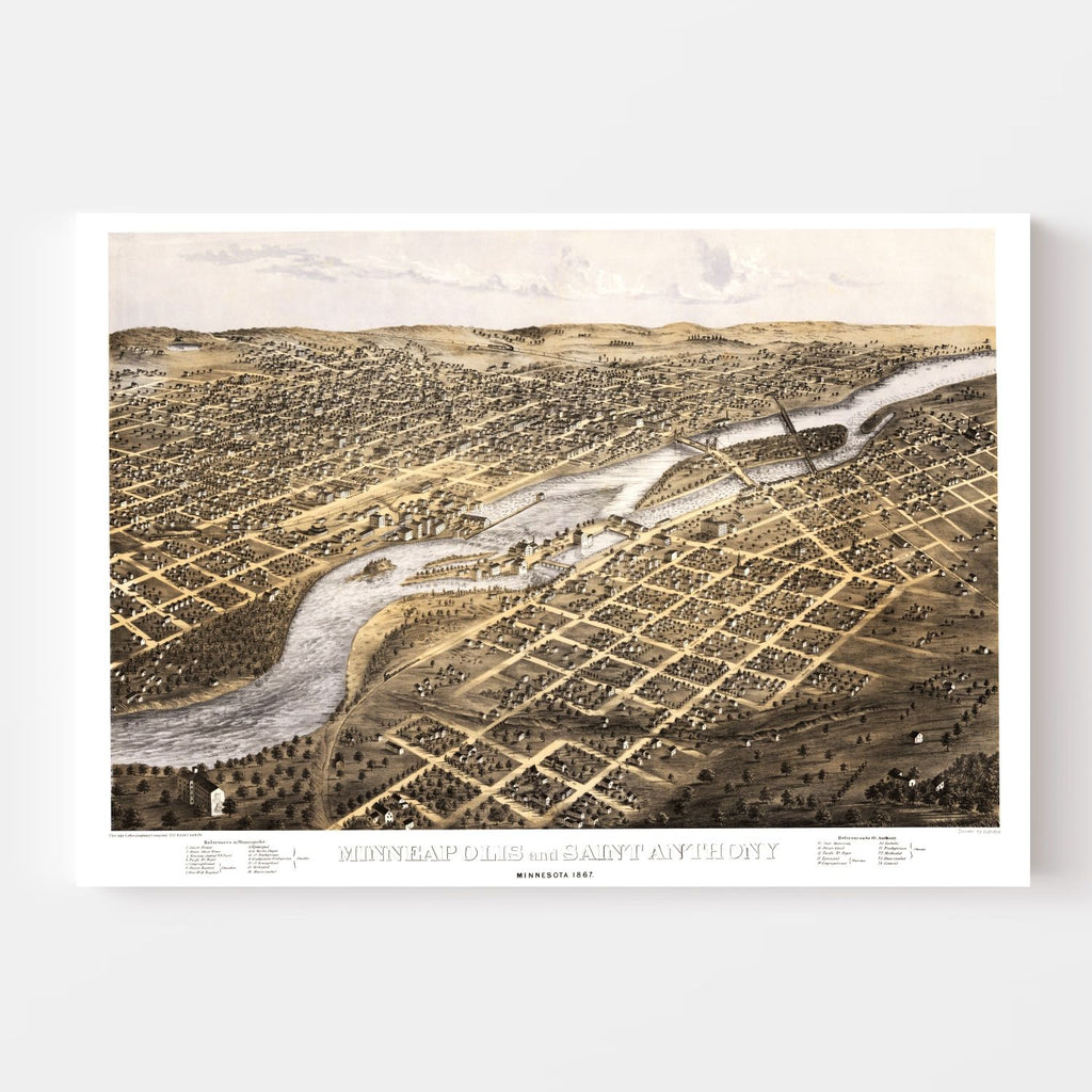 Vintage Map of Minneapolis, Minnesota 1867