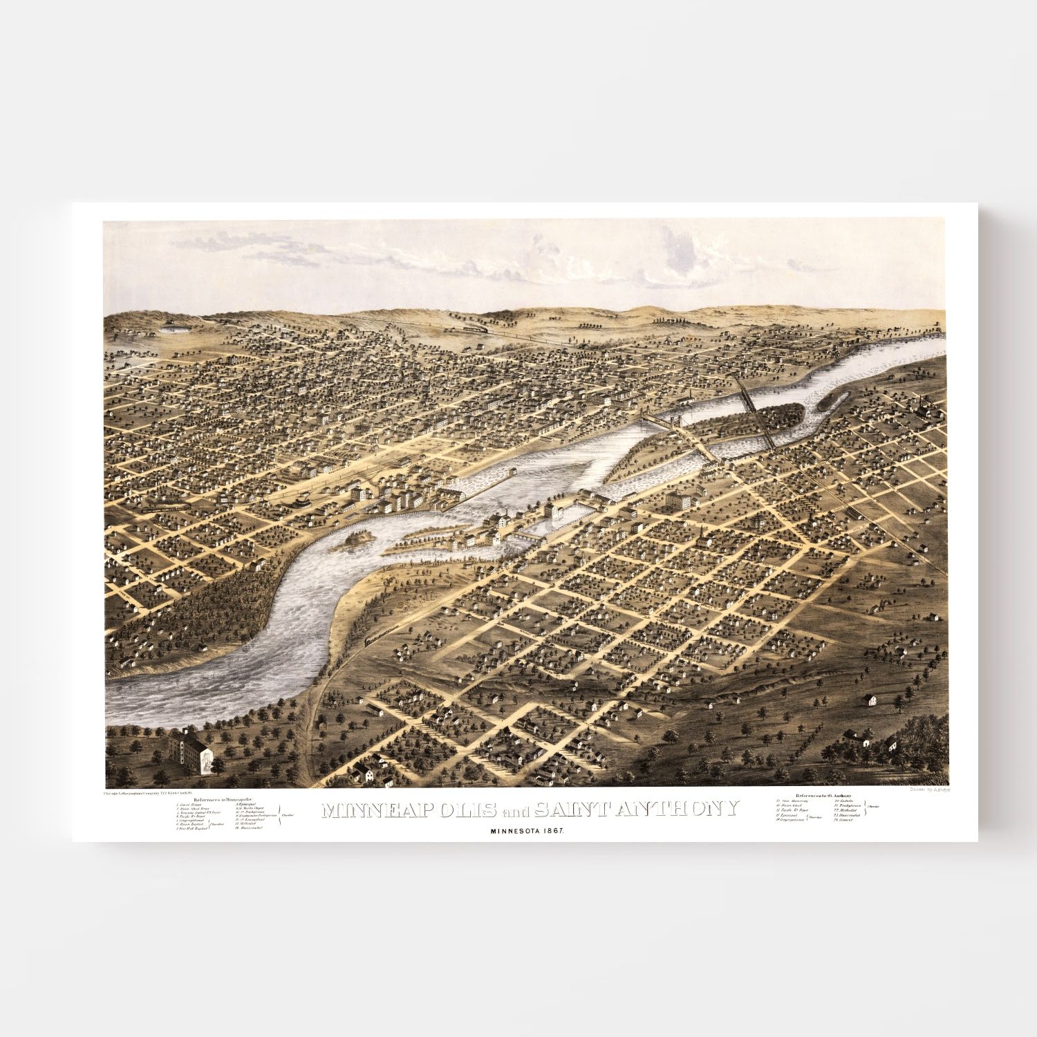 Vintage Map of Minneapolis, Minnesota 1867