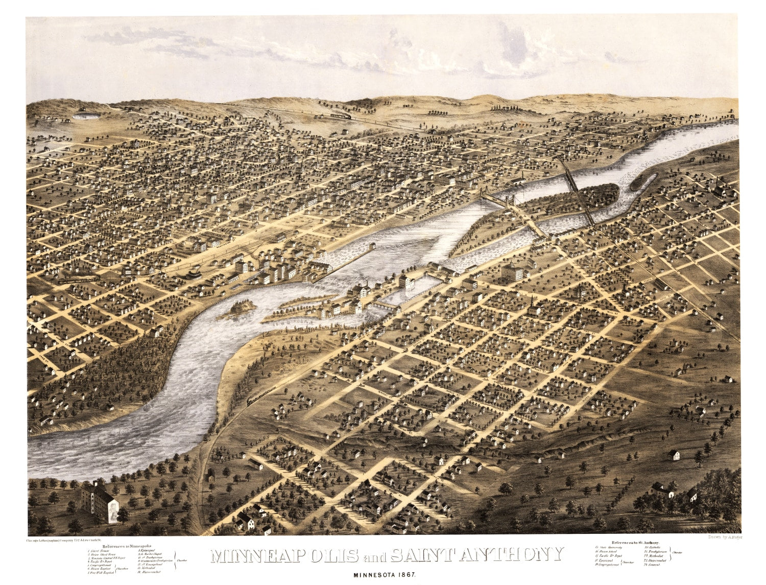 Vintage Map of Minneapolis, Minnesota 1867