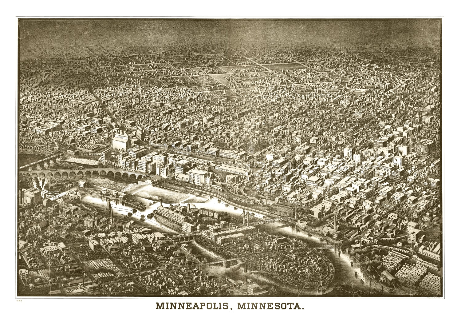 Vintage Map of Minneapolis, Minnesota 1885