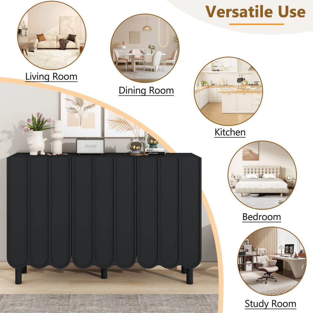 ON-TREND Cream Style Minimalist Shoe Cabinet with 5 Solid Wood Legs, Sideboard Buffet Cabinet with Adjustable Shelves, Large Storage Cabinet with Wave Doors for Living Room, Black