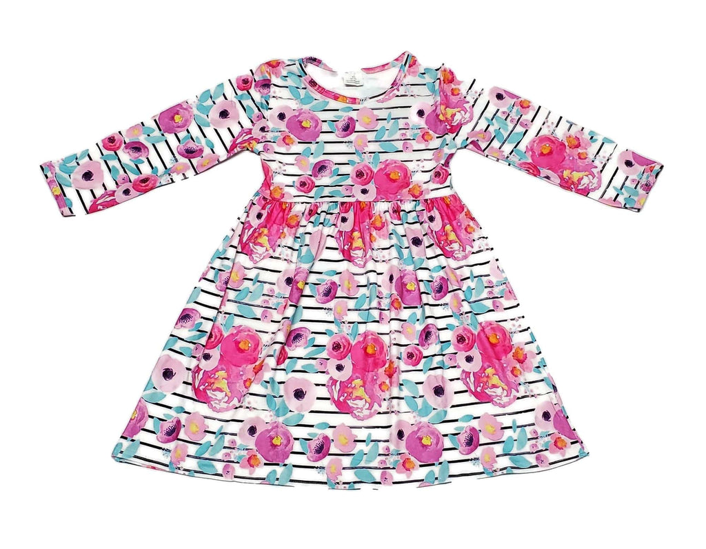 Striped Floral Long Sleeve Milk Silk Flutter Dress