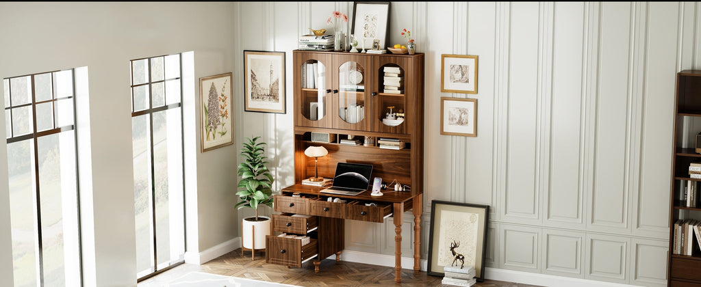 47'' Retro Desk with Charging Ports and Hutch Cabinet, Office Desk with 5 Storage Drawers and Transparent Glass-Door Bookshelf, Executive Computer Desk for Home Office, Bedroom, Walnut