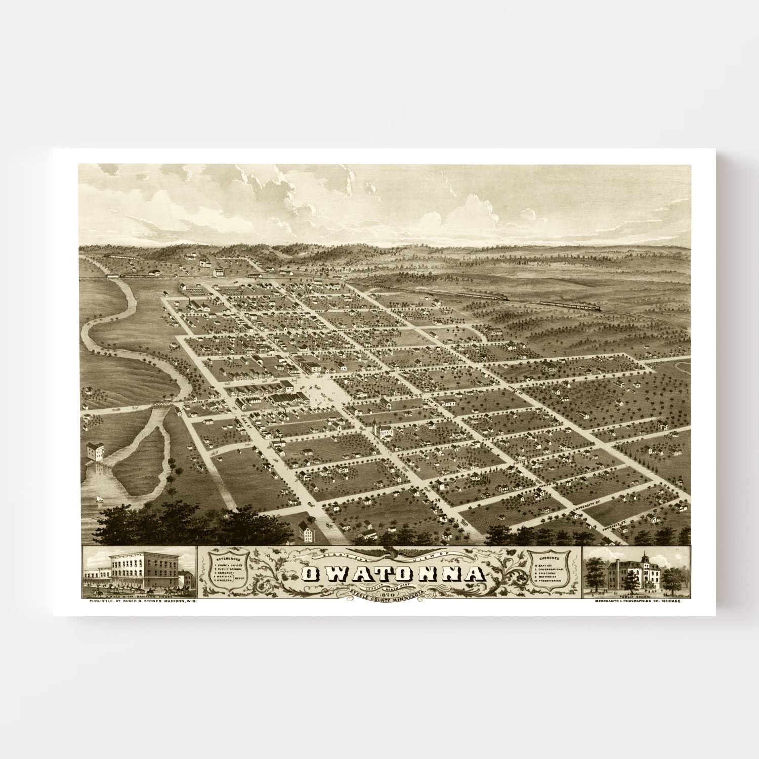 Vintage Map of Owatonna, Minnesota 1870