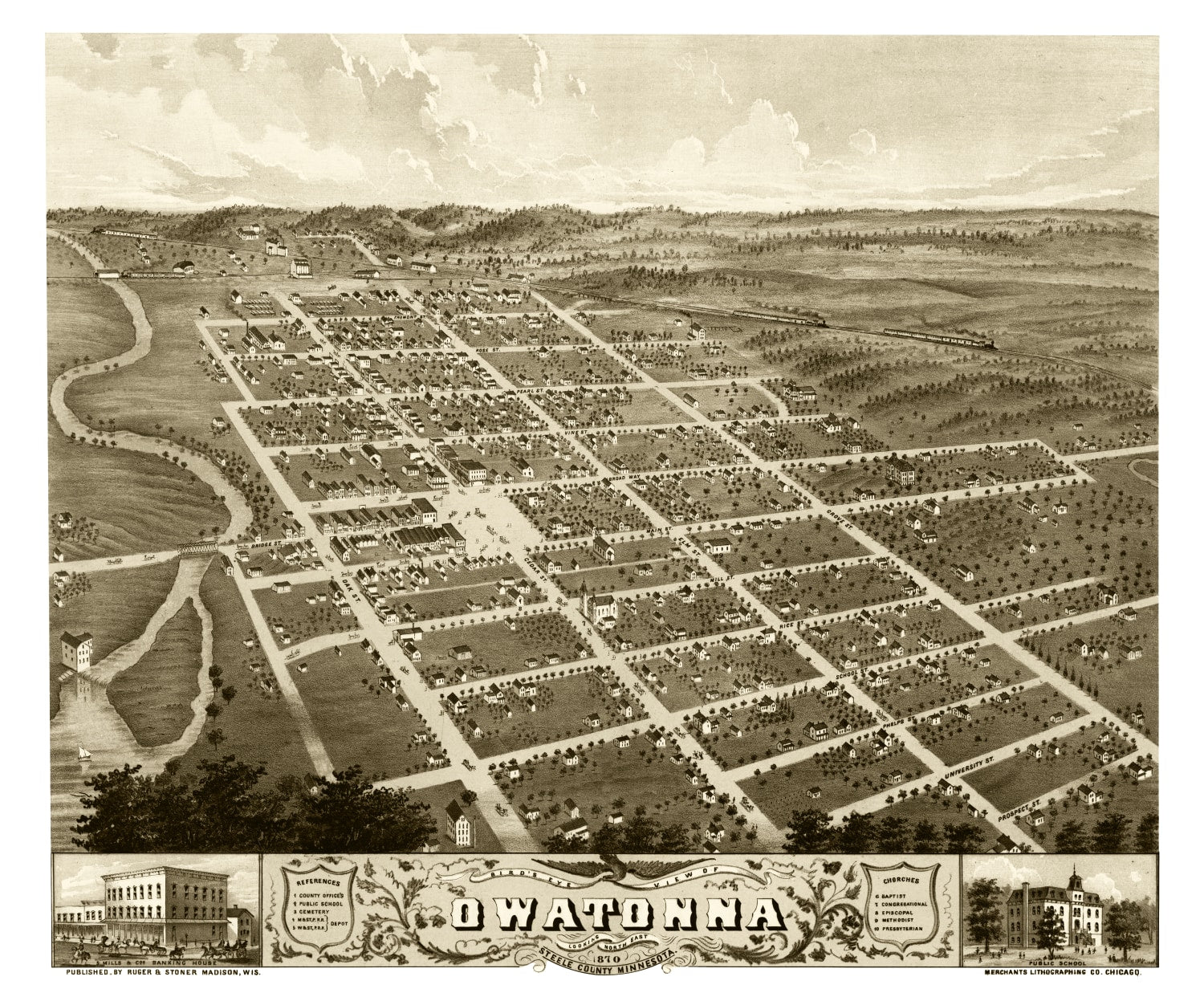 Vintage Map of Owatonna, Minnesota 1870