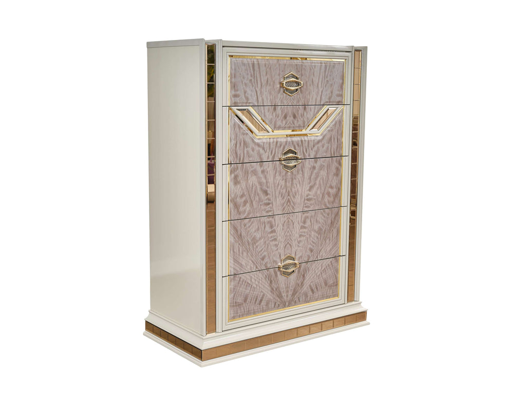 Omari Modern Style 5 Pc Queen Upholstered Bedroom Set Made with Wood and Gold Accents in Beige (NJ Inventory)