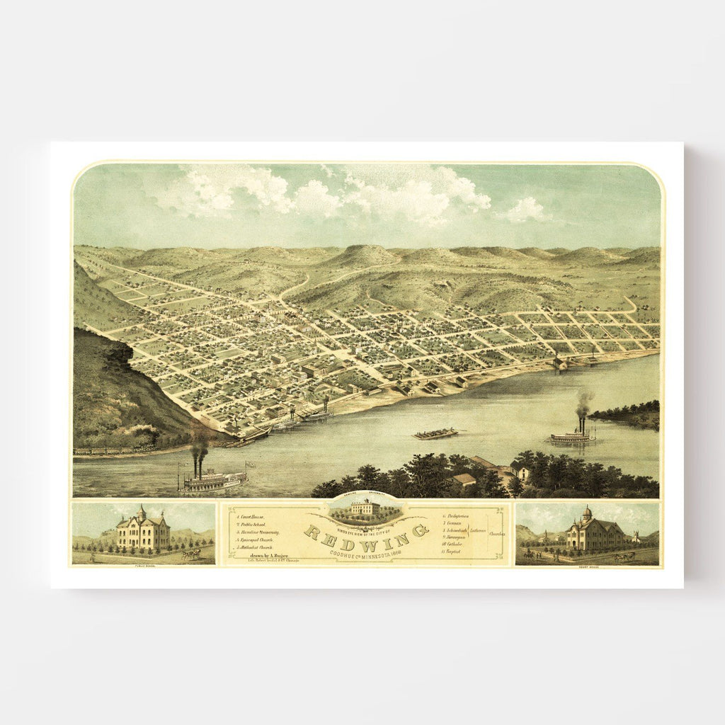 Vintage Map of Red Wing, Minnesota 1868