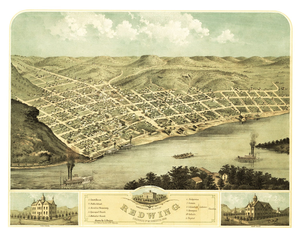 Vintage Map of Red Wing, Minnesota 1868