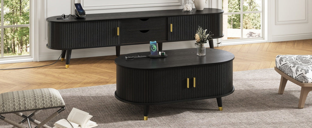 Wooden Farmhouse TV Stand & Coffee Table Set with Charging Station, Oval Fluted Media Console with Sliding Doors for TVs up to 80', Mid-Century Center Table with Solid Wood Legs for Living Room,Black