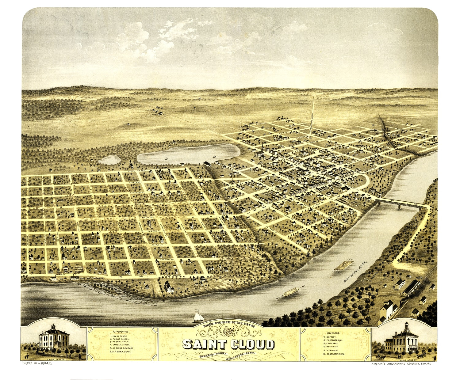 Vintage Map of St. Cloud, Minnesota 1869