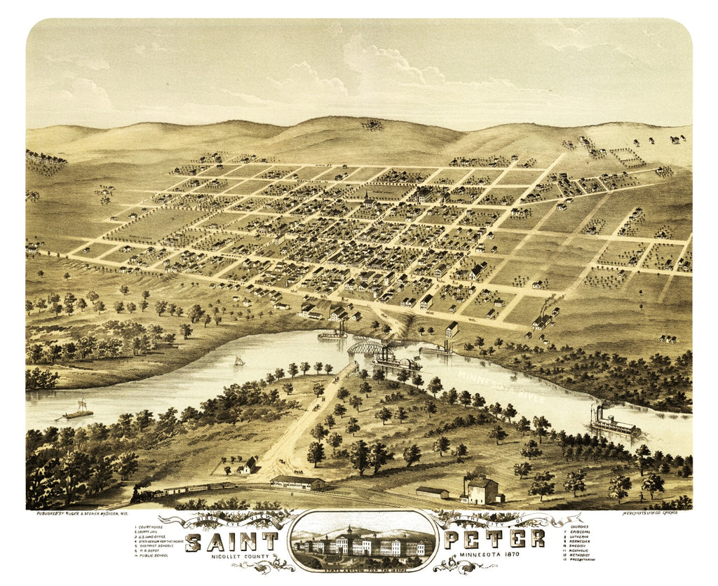 Vintage Map of Saint Peter, Minnesota 1870