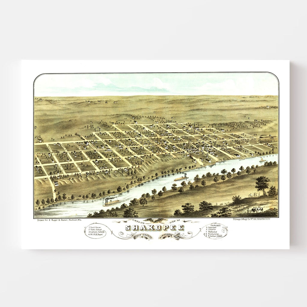 Vintage Map of Shakopee, Minnesota 1869