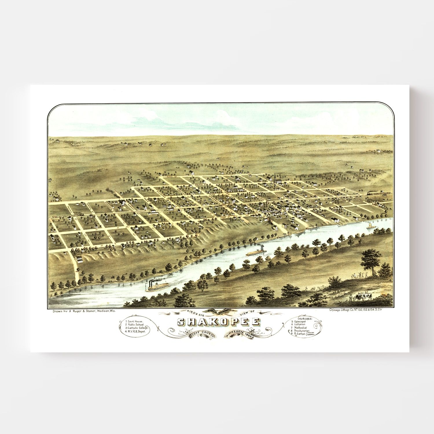 Vintage Map of Shakopee, Minnesota 1869