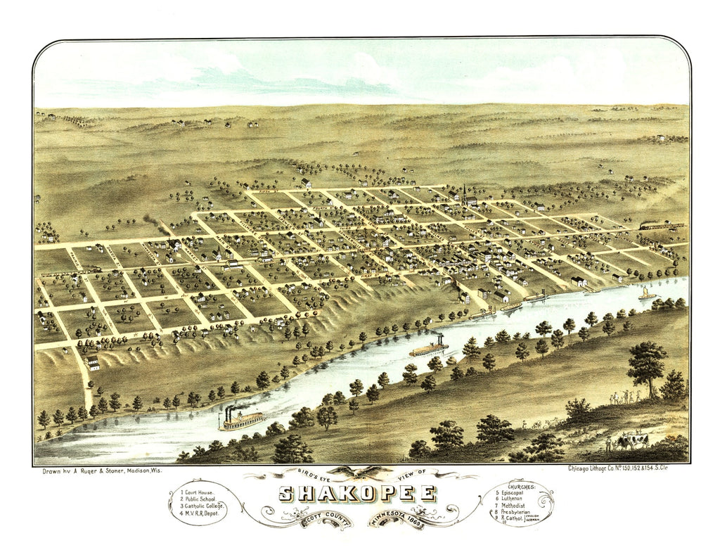 Vintage Map of Shakopee, Minnesota 1869