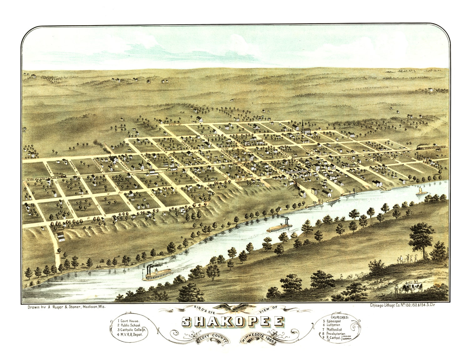 Vintage Map of Shakopee, Minnesota 1869