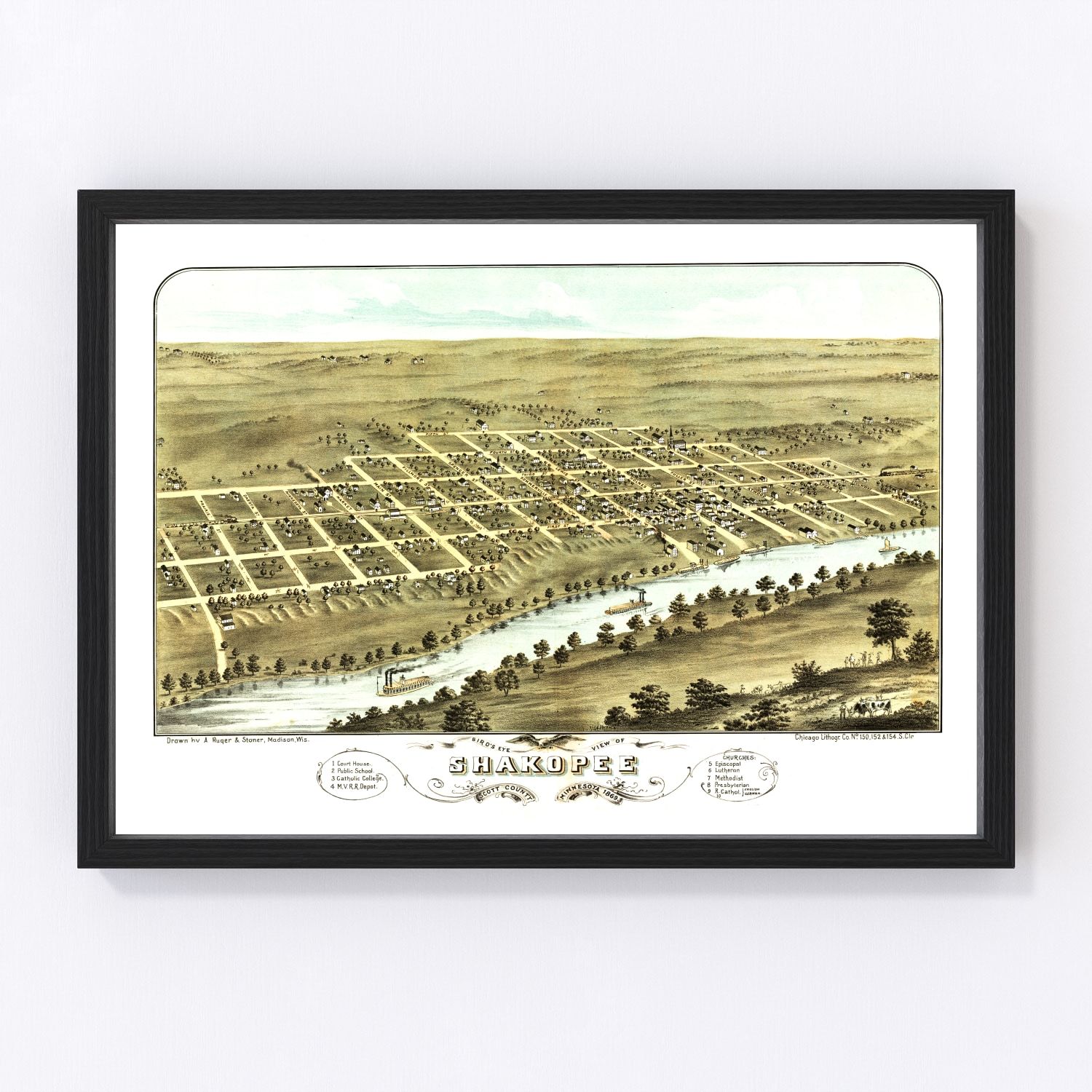 Vintage Map of Shakopee, Minnesota 1869