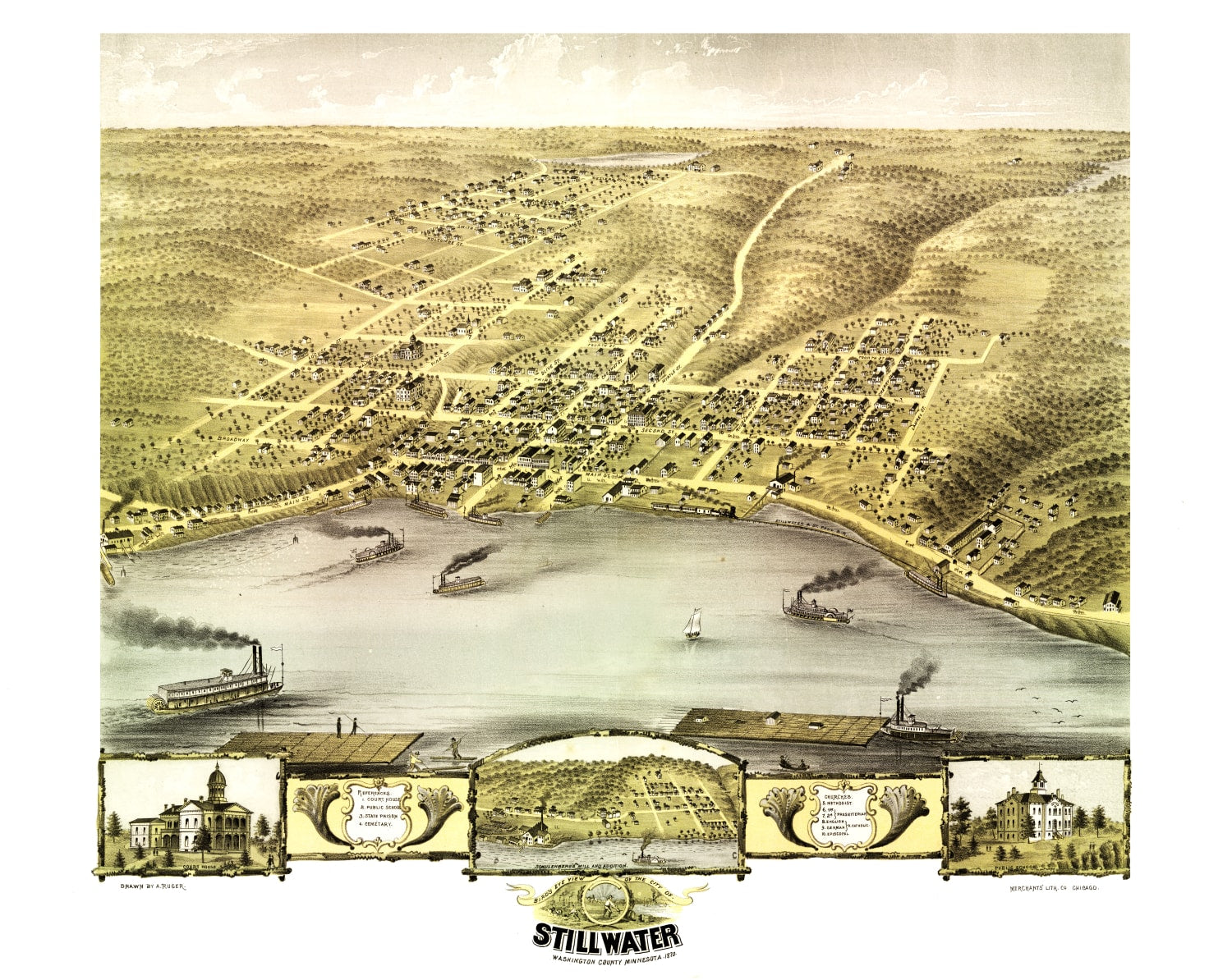 Vintage Map of Stillwater, Minnesota 1870