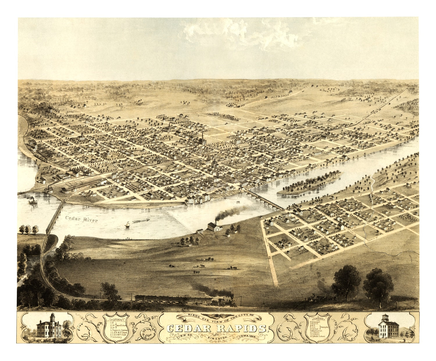 Vintage Map of Cedar Rapids, Iowa 1868