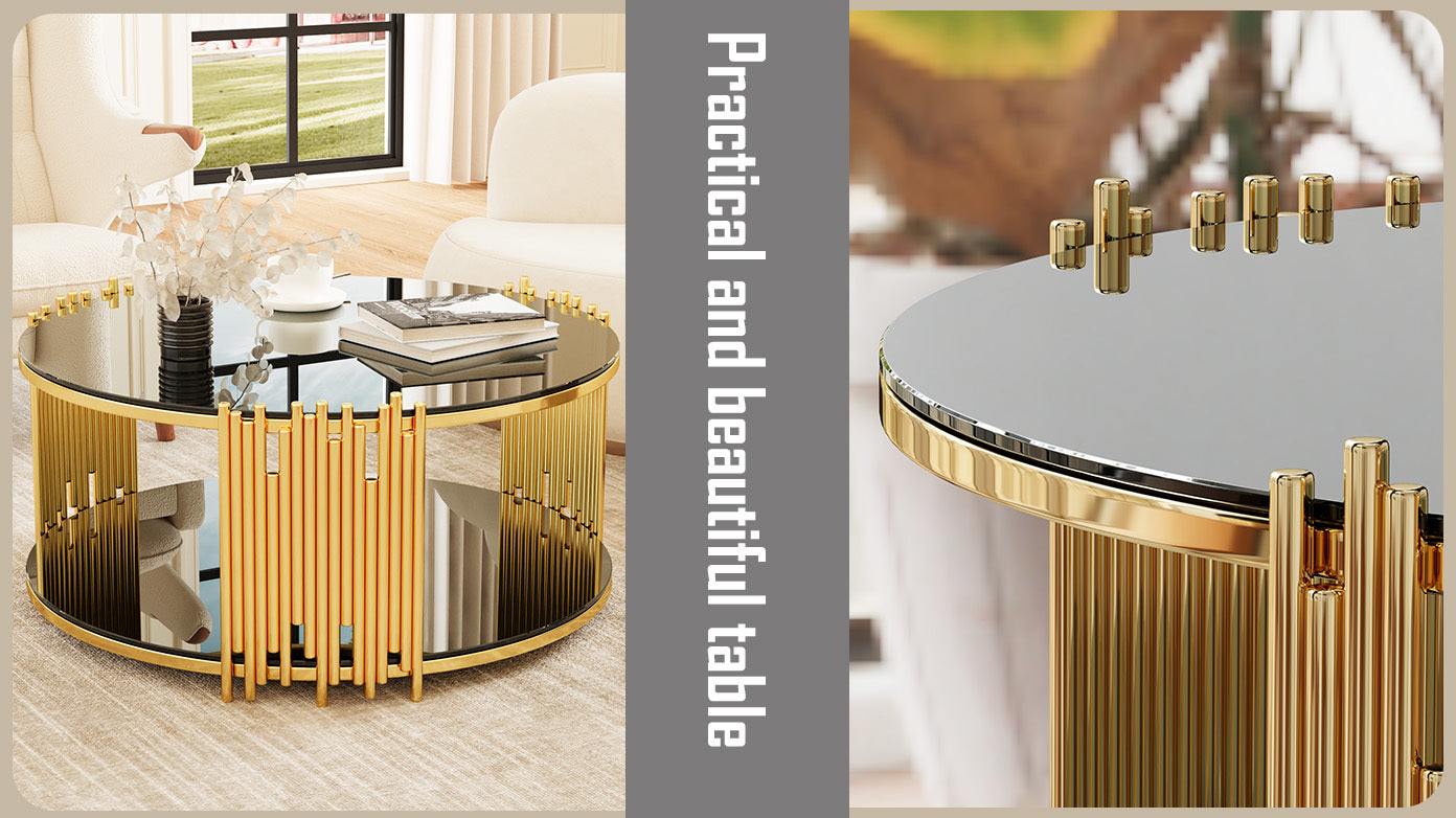 Modern minimalist light luxury style stainless steel circular coffee table, black tempered glass countertop, living room coffee table