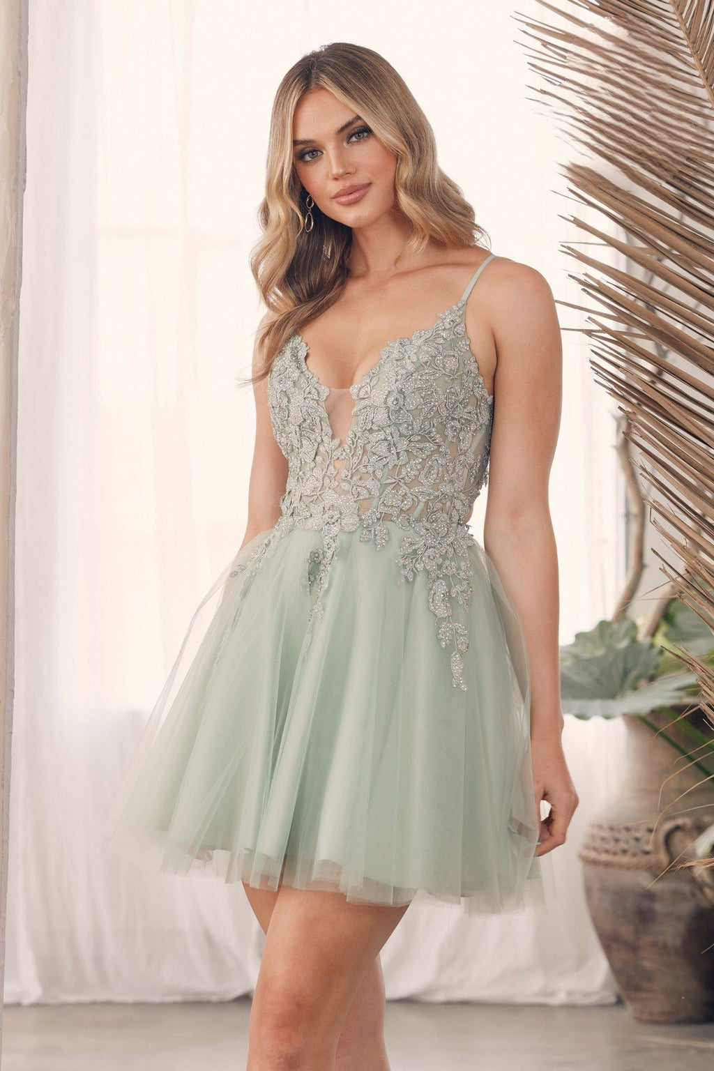 Floral Lace Embellished Short Homecoming Gown w/ Flare Skirt & Spaghetti Straps NXG785