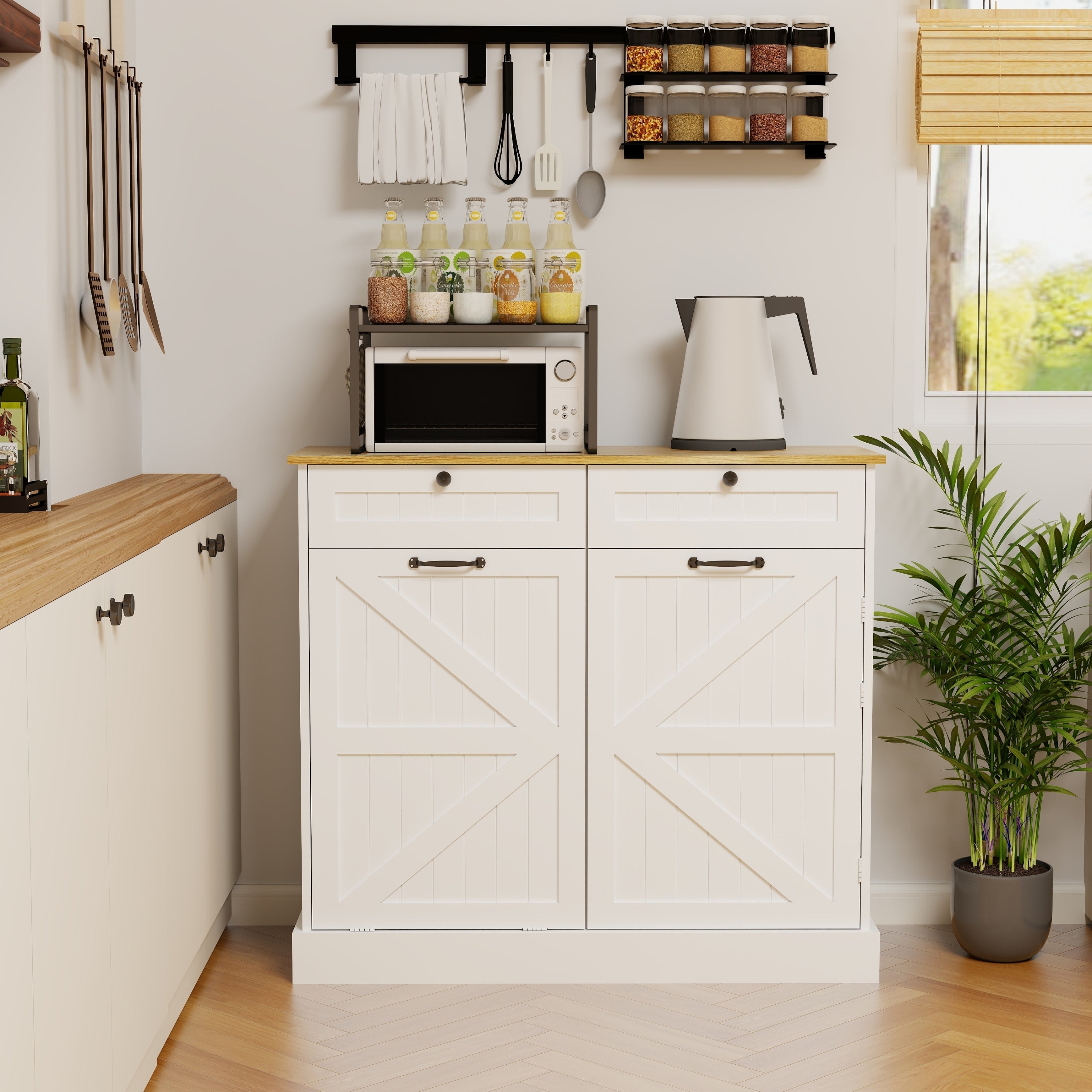 Kitchen Trash Can Storage Cabinet with 2 Drawers & 1 Tilt Out Trash Cabinet & 1 door with storage rack & 2 Shelves for Kitchen, Dinning Room, Living Room-White
