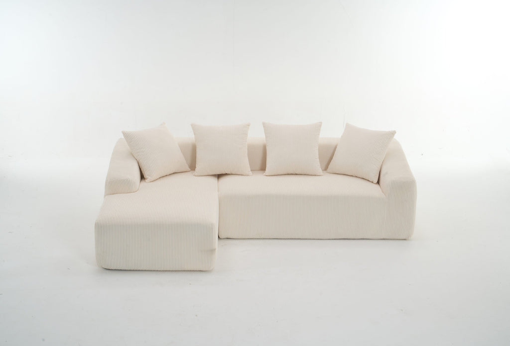 LY-023 WHITE COMPRESSION SOFA: Combining chaise longue with 3-seater, Corduroy Fabric, full sponge compression sofa,combined sofa with 4 pillows for living/ Home Furniture/ Apartment