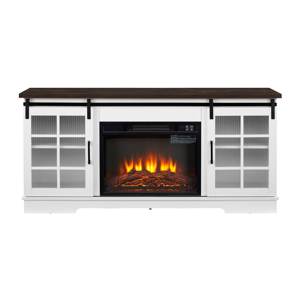 Multipurpose Sliding Door TV Cabinet Large Storage Cabinet with 2 Sliding Glass Doors, TV Storage Rack with 23' Fireplace TV Cabinet, WHITE+BROWN, 59.13'W*15.94'D*27.8'H