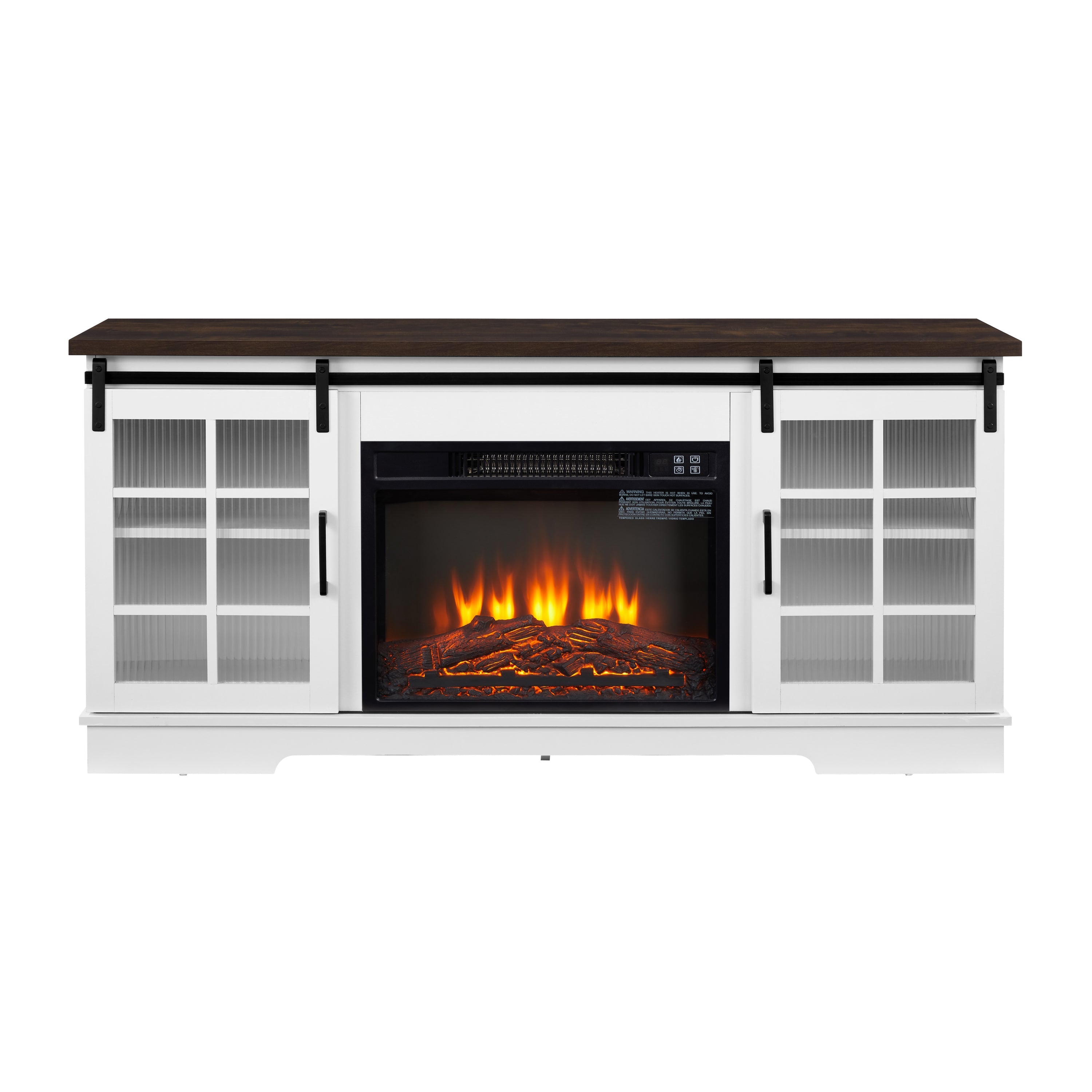 Multipurpose Sliding Door TV Cabinet Large Storage Cabinet with 2 Sliding Glass Doors, TV Storage Rack with 23' Fireplace TV Cabinet, WHITE+BROWN, 59.13'W*15.94'D*27.8'H
