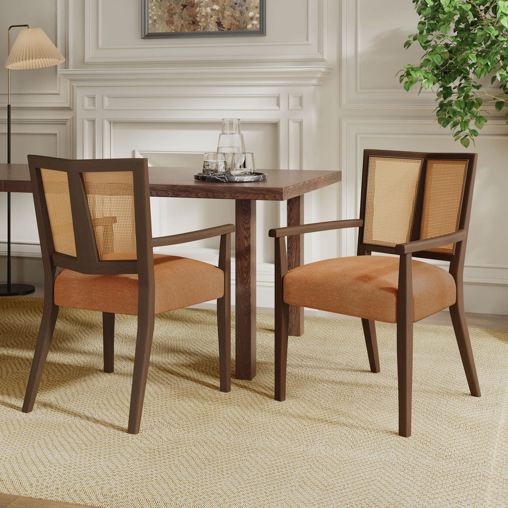 Mid Century Modern Arm Dining Chair Set With Rattan Backrest