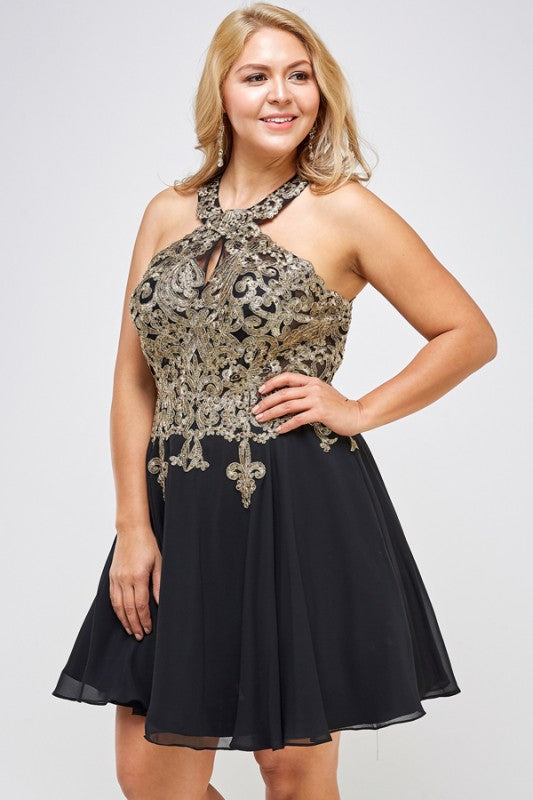 Gold embroidered plus size chiffon dress with built in tulle
